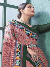 Pure Cotton Peach Saree with Green Border & Ethnic Prints