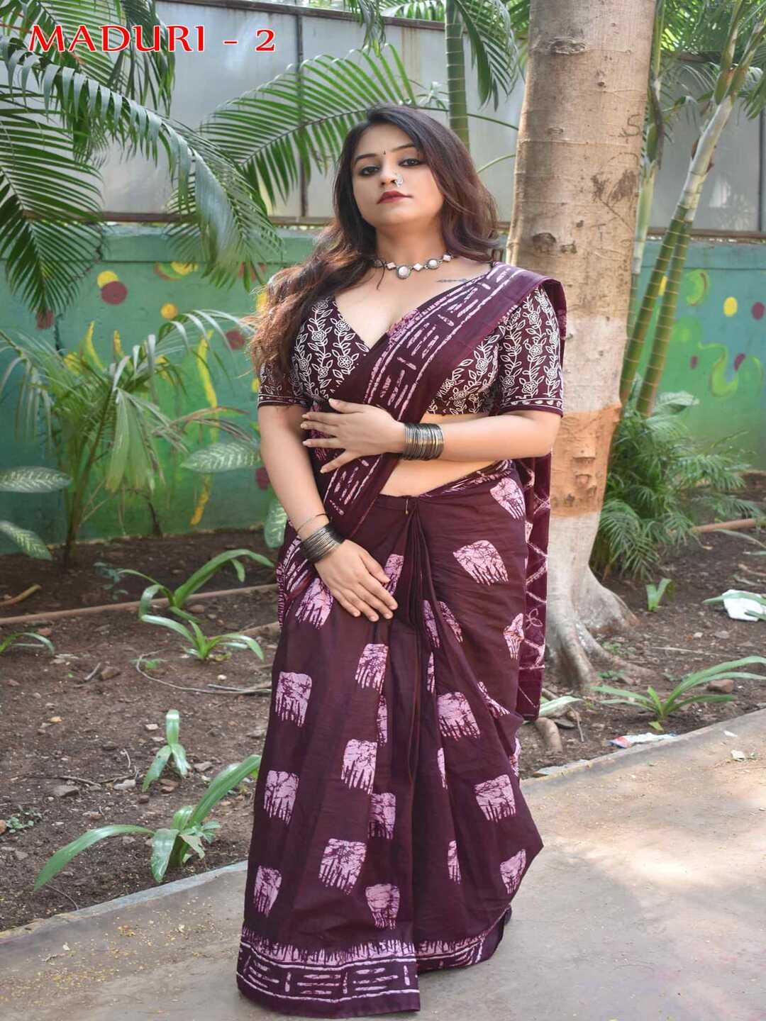 Pure Cotton Wine Color Handblock Printed Saree