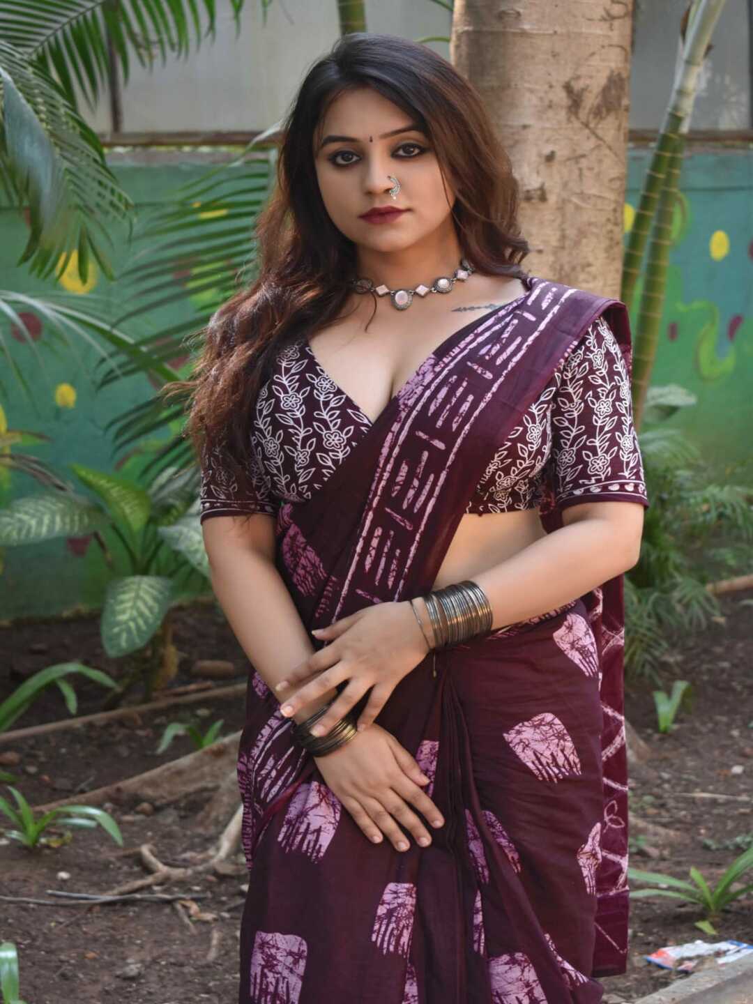 Pure Cotton Wine Color Handblock Printed Saree