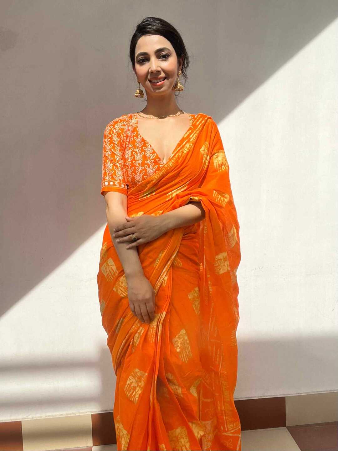 Pure Cotton Bright Orange Traditional Printed Saree