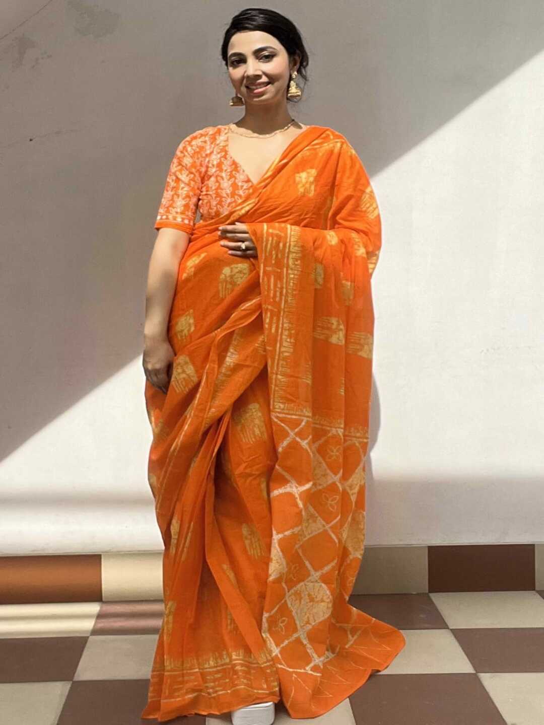 Pure Cotton Bright Orange Traditional Printed Saree