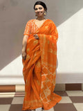 Pure Cotton Bright Orange Traditional Printed Saree