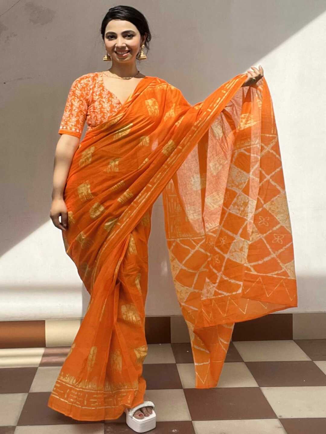 Pure Cotton Bright Orange Traditional Printed Saree