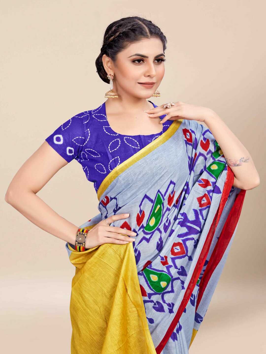 Pure Cotton Light Blue Saree with Multicolor Ikat Inspired Prints