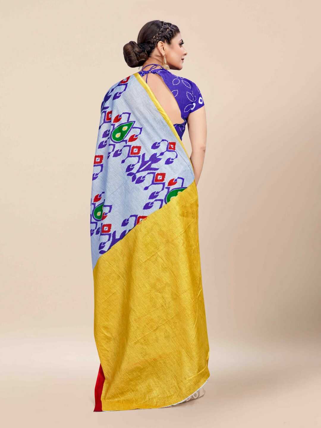 Pure Cotton Light Blue Saree with Multicolor Ikat Inspired Prints