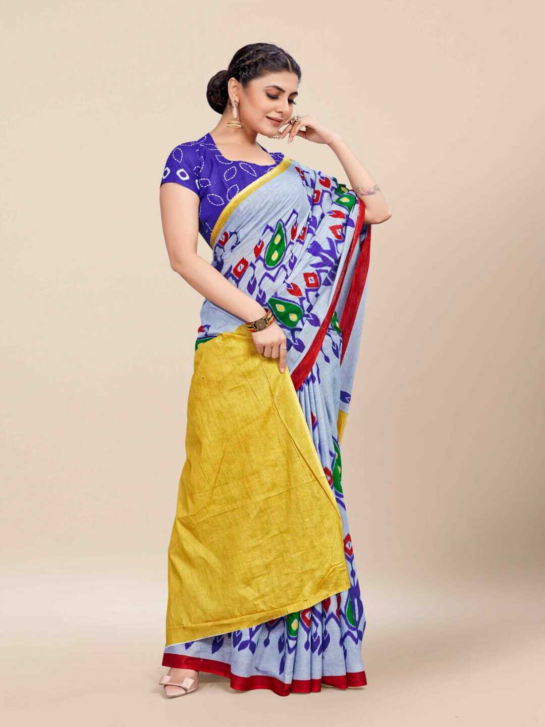 Pure Cotton Light Blue Saree with Multicolor Ikat Inspired Prints
