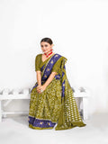 Pure Cotton Olive Green Saree with Blue Border & Traditional Prints