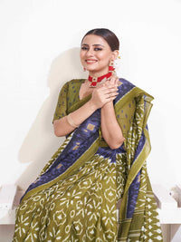 Pure Cotton Olive Green Saree with Blue Border & Traditional Prints