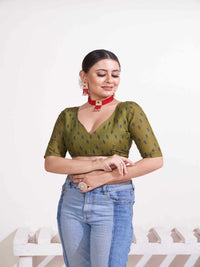 Pure Cotton Olive Green Saree with Blue Border & Traditional Prints