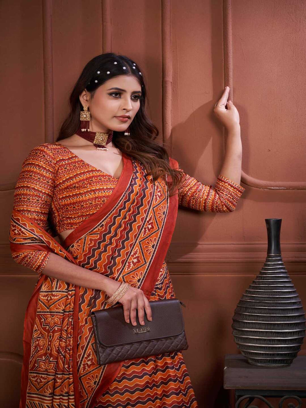 Pure Cotton Orange Geometric Pattern Printed Saree