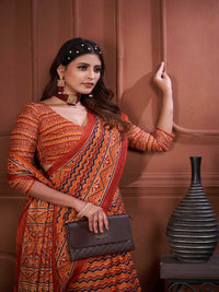 Pure Cotton Orange Geometric Pattern Printed Saree