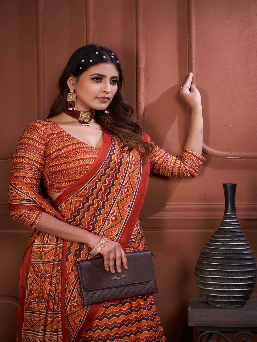 Pure Cotton Orange Geometric Pattern Printed Saree
