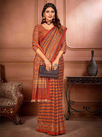 Pure Cotton Orange Geometric Pattern Printed Saree