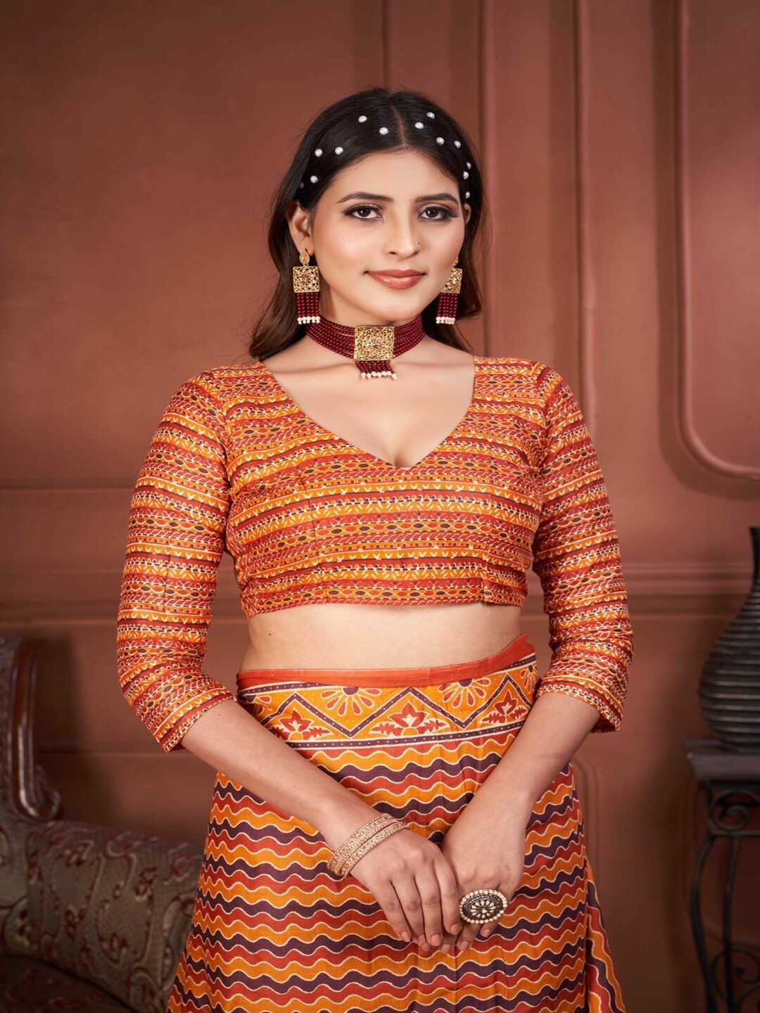 Pure Cotton Orange Geometric Pattern Printed Saree