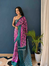 Pure Cotton Pink Saree with Rama Border & Floral Motifs
