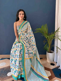 Pure Cotton Off White Saree with Multicolor Abstract Prints & Green Border
