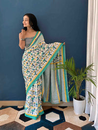 Pure Cotton Off White Saree with Multicolor Abstract Prints & Green Border