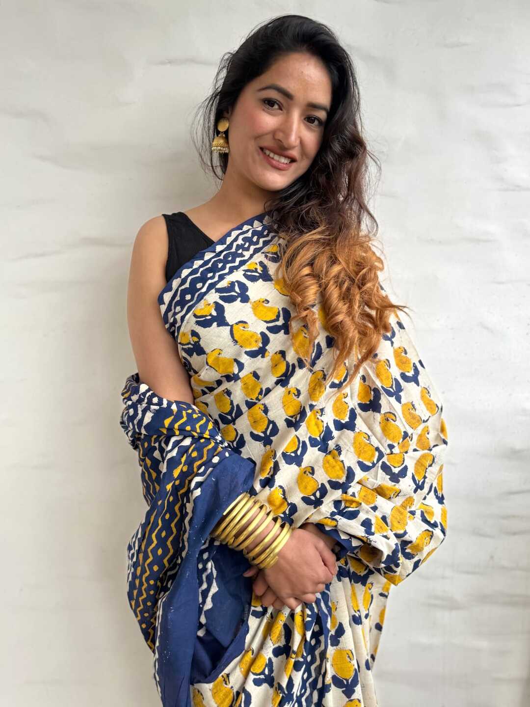 Pure Cotton Mustard Yellow Saree with Navy Blue Ethnic Prints