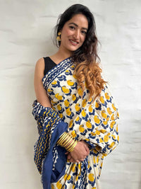 Pure Cotton Mustard Yellow Saree with Navy Blue Ethnic Prints