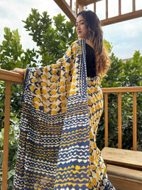 Pure Cotton Mustard Yellow Saree with Navy Blue Ethnic Prints