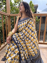 Pure Cotton Mustard Yellow Saree with Navy Blue Ethnic Prints