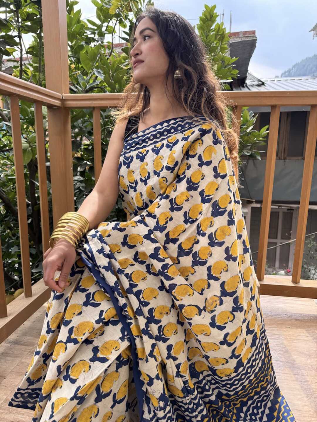 Pure Cotton Mustard Yellow Saree with Navy Blue Ethnic Prints