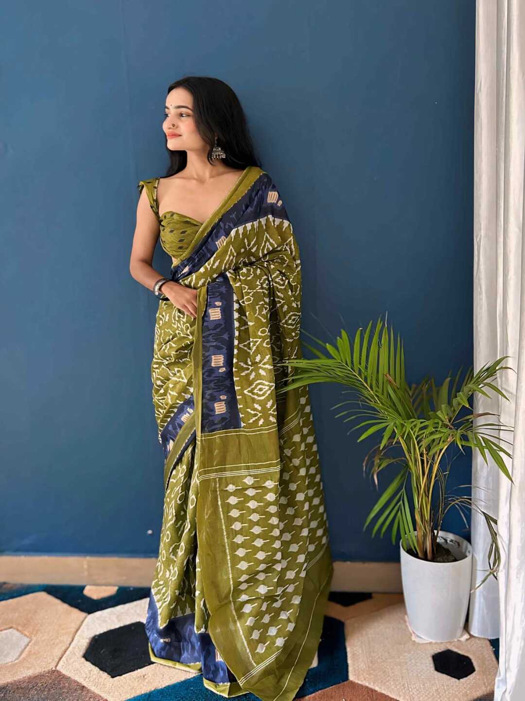 Pure Cotton Olive Green Saree with Navy Blue Border & Ikat Prints
