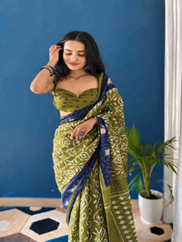 Pure Cotton Olive Green Saree with Navy Blue Border & Ikat Prints