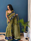 Pure Cotton Olive Green Saree with Navy Blue Border & Ikat Prints