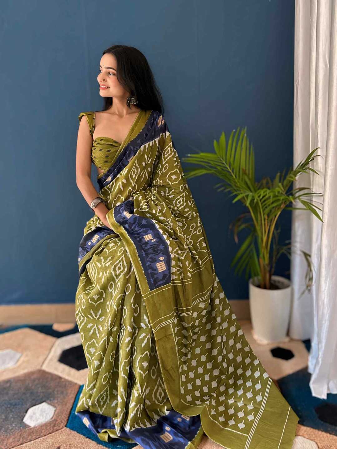 Pure Cotton Olive Green Saree with Navy Blue Border & Ikat Prints