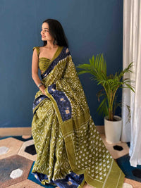 Pure Cotton Olive Green Saree with Navy Blue Border & Ikat Prints