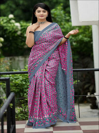Pure Cotton Pink Saree with Grey Border & Floral Motifs