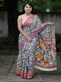Pure Cotton Grey Saree with Kalamkari Inspired Art & Pink Border