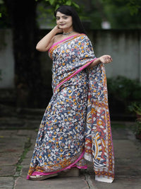 Pure Cotton Grey Saree with Kalamkari Inspired Art & Pink Border