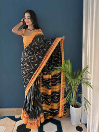 Pure Cotton Black Saree with Orange Border & Ikat Inspired Prints