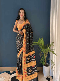 Pure Cotton Black Saree with Orange Border & Ikat Inspired Prints