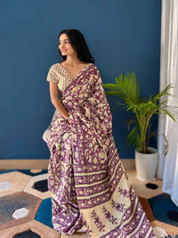 Pure Cotton Mauve Saree with Beige Floral Print & Elegant Border