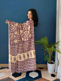 Pure Cotton Mauve Saree with Beige Floral Print & Elegant Border