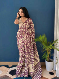 Pure Cotton Mauve Saree with Beige Floral Print & Elegant Border