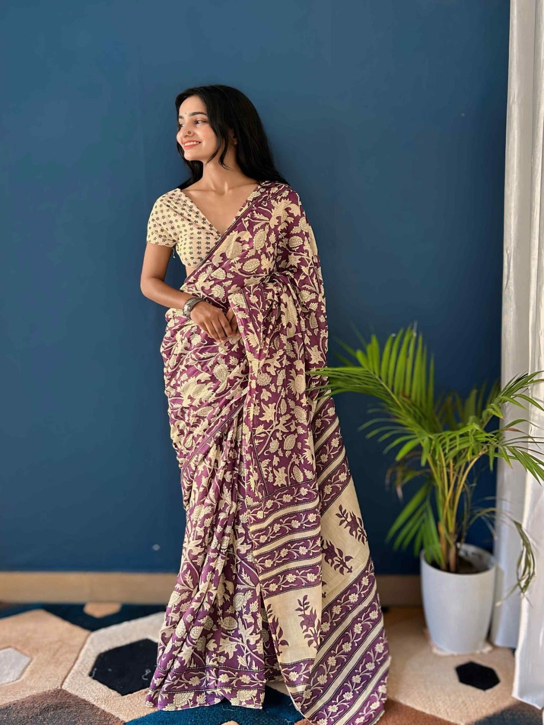 Pure Cotton Mauve Saree with Beige Floral Print & Elegant Border