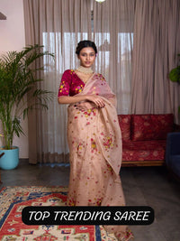 Organza Blush Pink Saree with Multicolor Floral Embroidery & Designer Blouse