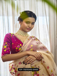 Organza Blush Pink Saree with Multicolor Floral Embroidery & Designer Blouse