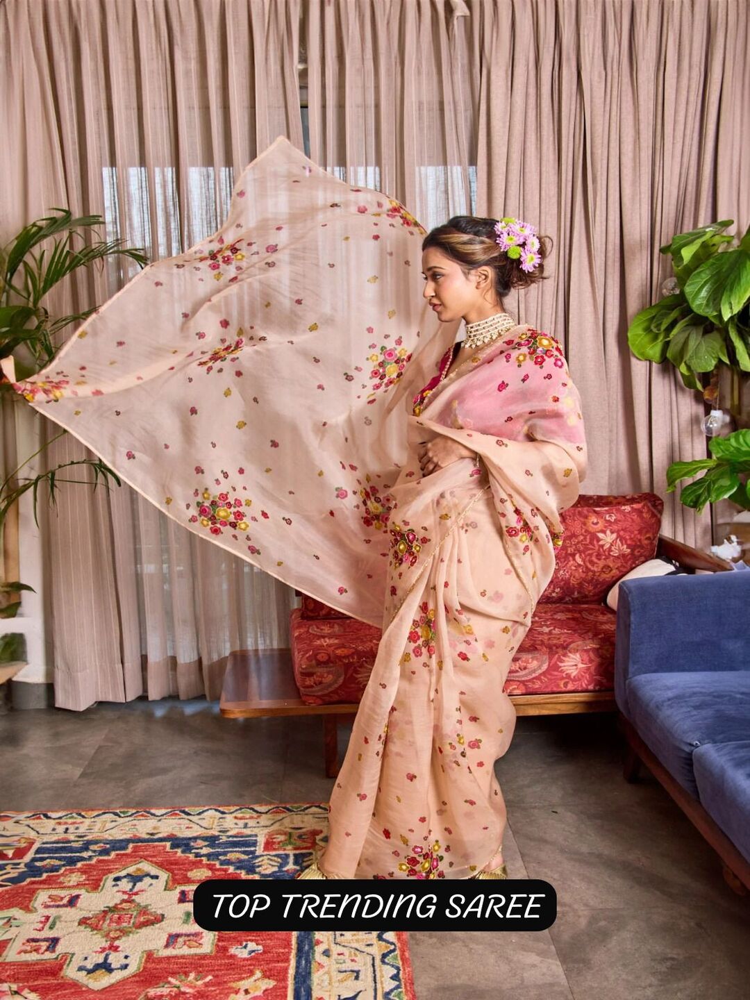 Organza Blush Pink Saree with Multicolor Floral Embroidery & Designer Blouse