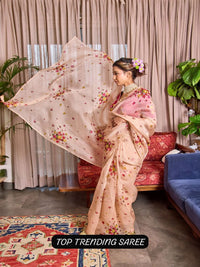 Organza Blush Pink Saree with Multicolor Floral Embroidery & Designer Blouse