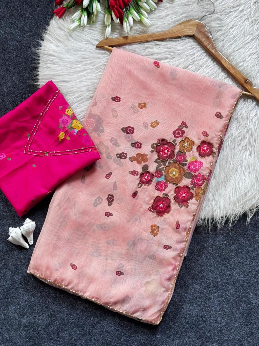 Organza Blush Pink Saree with Multicolor Floral Embroidery & Designer Blouse