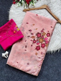 Organza Blush Pink Saree with Multicolor Floral Embroidery & Designer Blouse