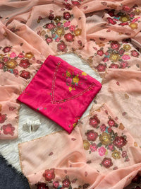 Organza Blush Pink Saree with Multicolor Floral Embroidery & Designer Blouse