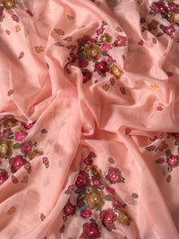 Organza Blush Pink Saree with Multicolor Floral Embroidery & Designer Blouse