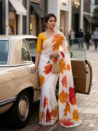 Soft Tabi Silk Ivory Saree with Autumn Leaf Print & Mustard Blouse