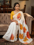 Soft Tabi Silk Ivory Saree with Autumn Leaf Print & Mustard Blouse